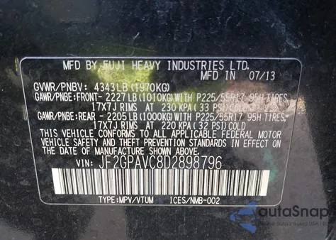 2013 Subaru Xv Crosstrek 2.0I Premium z USA, uszkodzony, nr VIN JF2GPAVC8D2898796